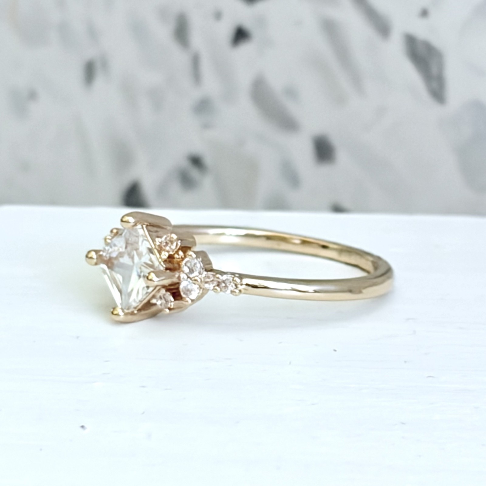 14k Yellow Gold & 925 Sterling Simulated Sapphire Princess Cut Kite Women’s Ring