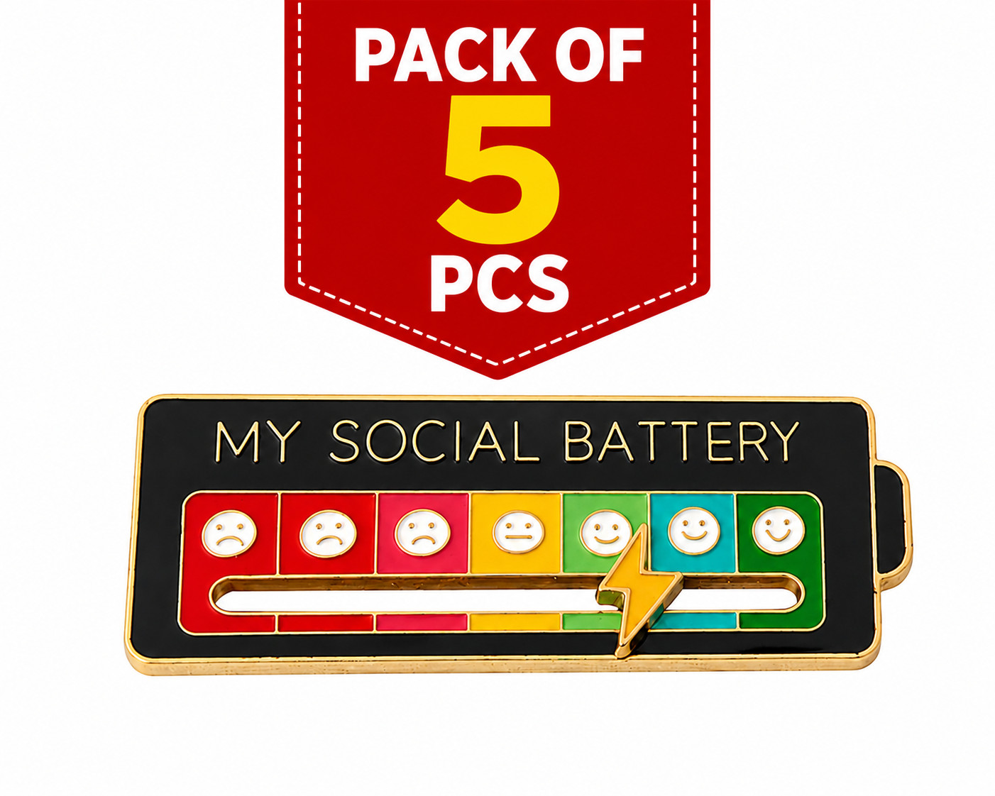 Funny Social Battery Slider Pin – 7-Mood Expression Badge, Cute Interactive Pin