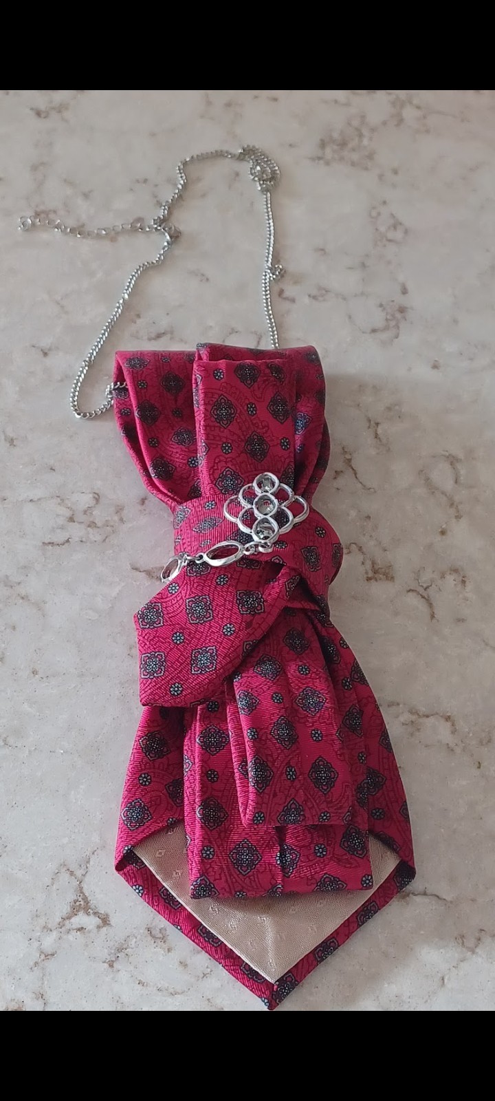 Handcrafted Necktie Necklace Silver Brooch