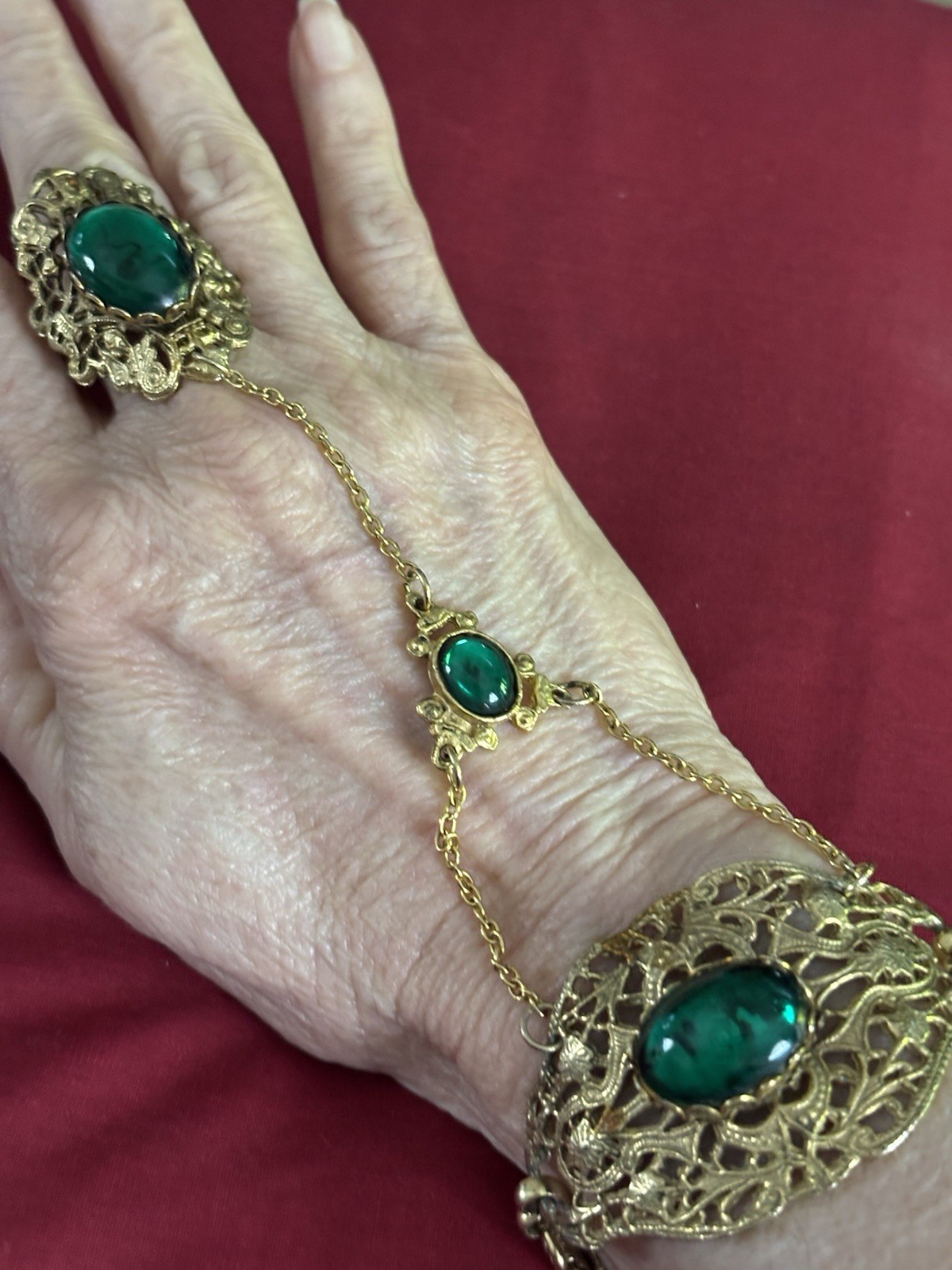Gold Tone Filigree Hand Chain Slave Bracelet w/ Green Oval Cabochon Stones