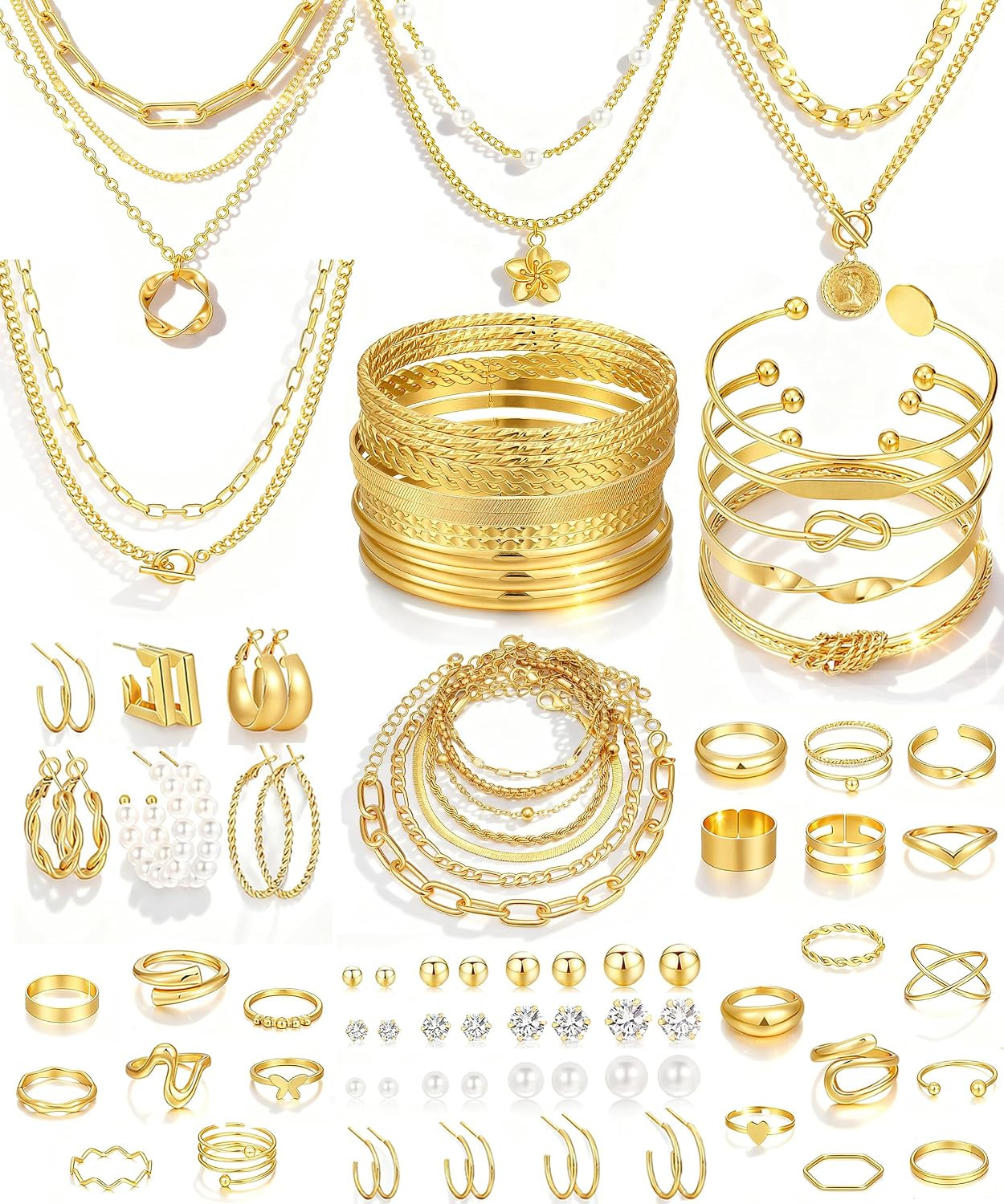 78 Pieces Gold Jewelry Set for Women, 9 Necklace, 24 Bracelet, 22 Earrings, 23 K