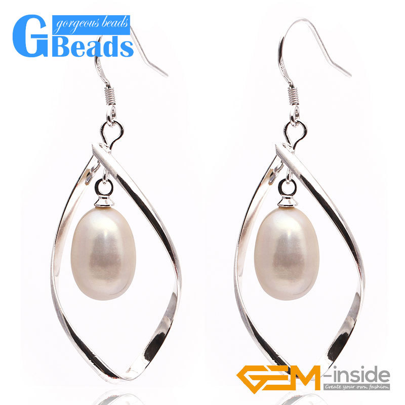 Women Jewelry 8-9mm Freshwater Pearl Silver Hook Twist Shape Dangle Earring Gift