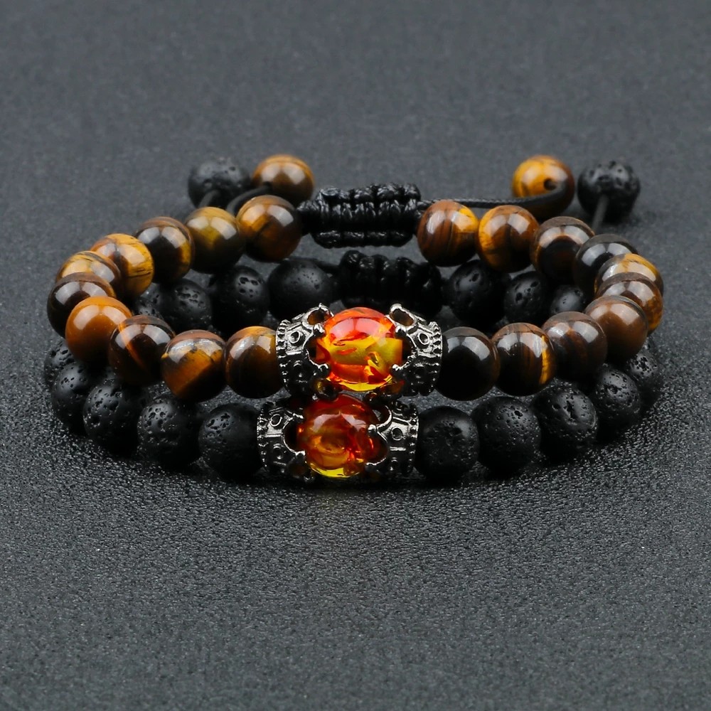 Black Lava Stone Crown Charm Tiger Eye Beads Braided Bracelet For Men Women Gift