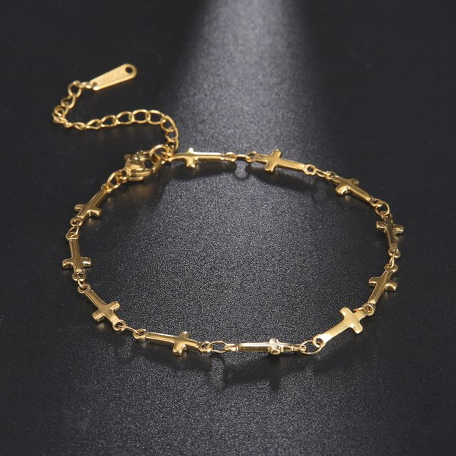 Christian Cross Charm Ankle Bracelet Gold PVD 316L Stainless Steel 7-9in Long