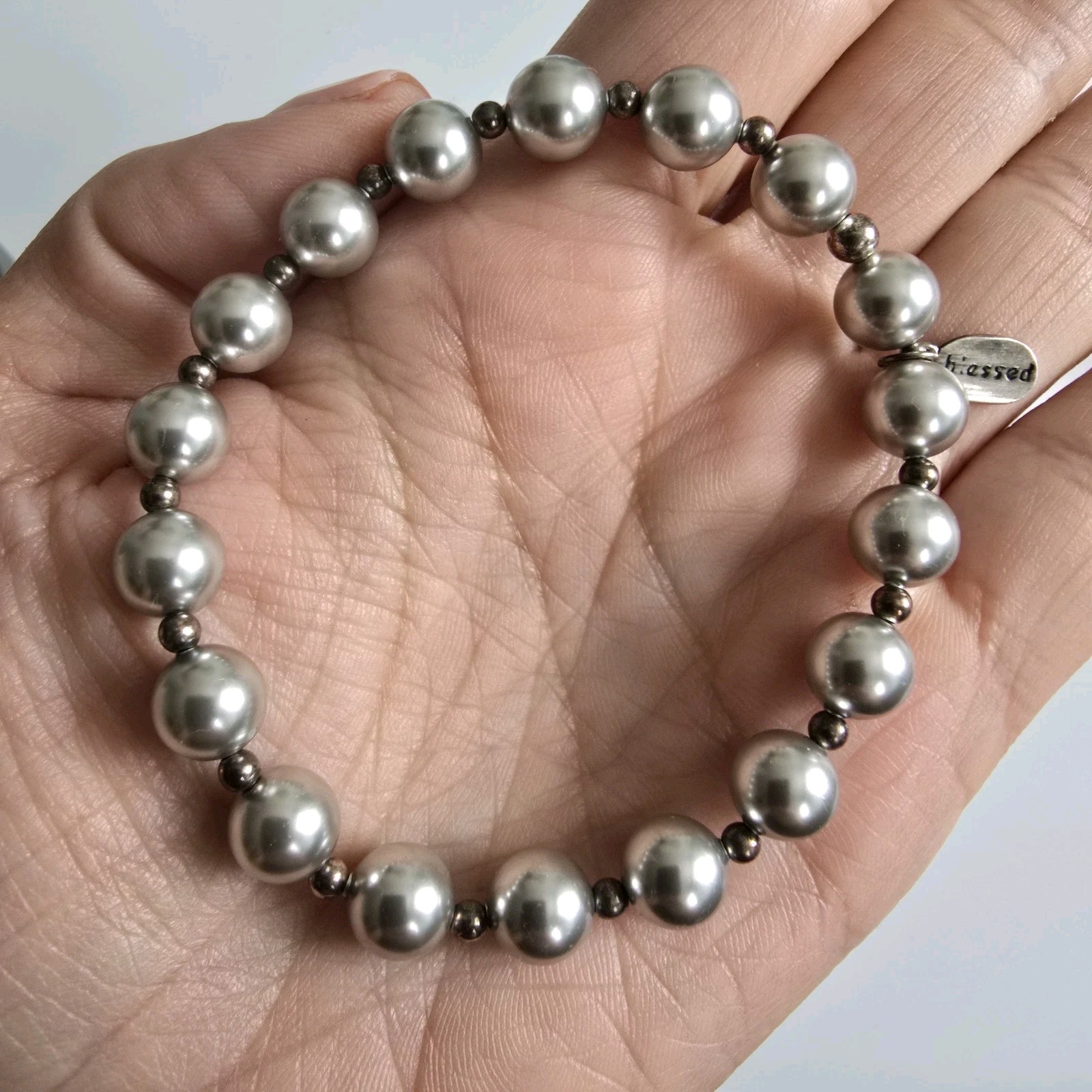 Made As Intended Count Your Blessings Bracelet Silver Pearl 8mm Beads Stretch