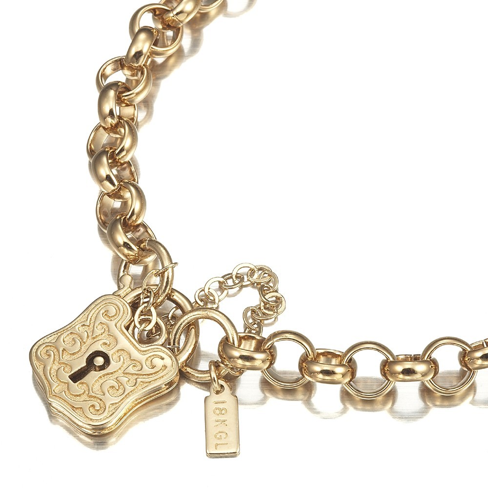 18K GL Solid Belcher Yellow Gold Bracelet & Antique Keyhole Padlock