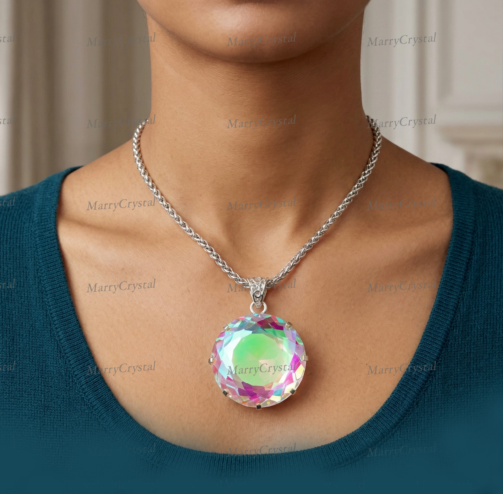 Handcrafted Dichroic Mystic Glass Pendant Necklace, Multi-Color Round Gemstone