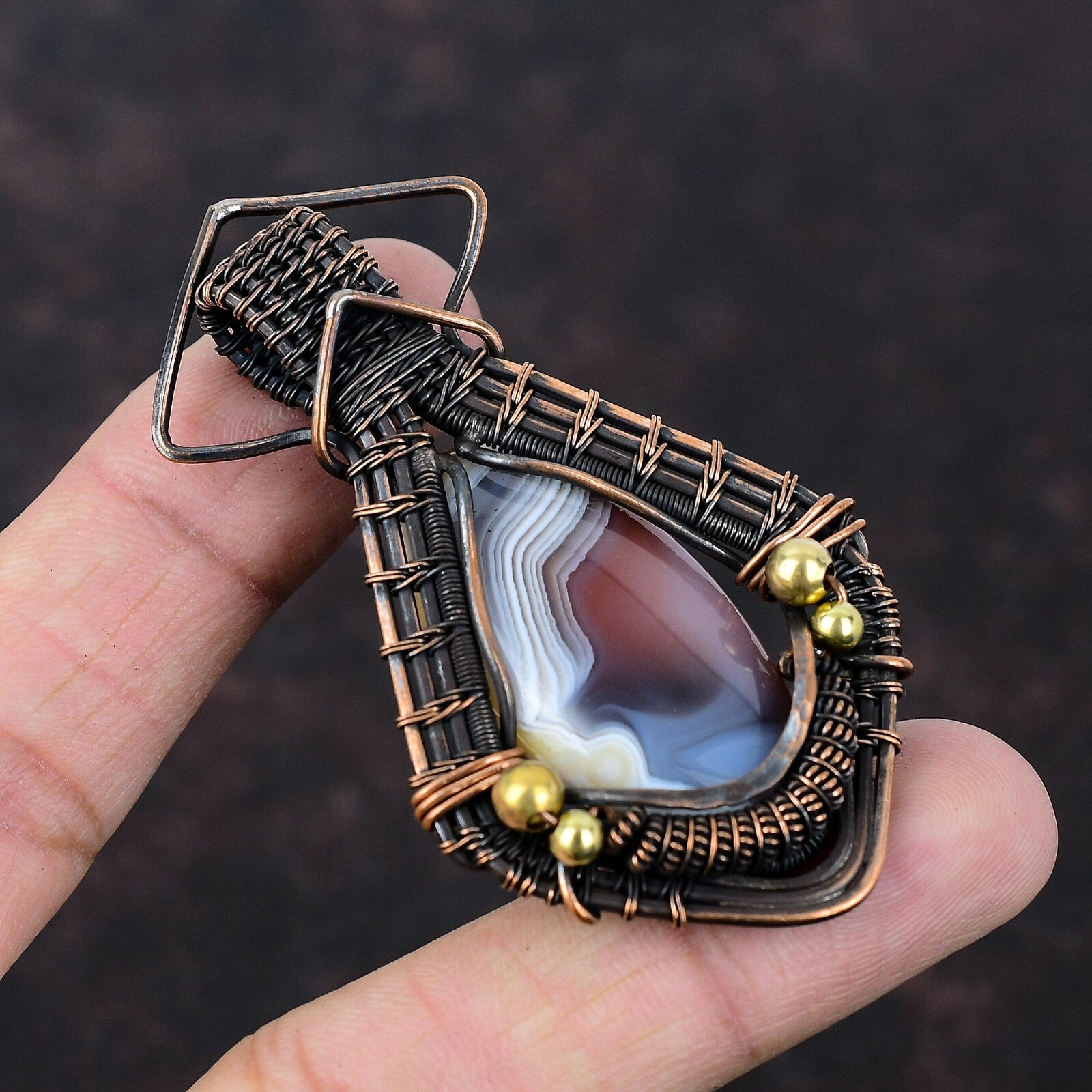 Mexican Laguna Lace Agate Jewelry Copper Friend Gift Wire Wrapped Pendant 2.83″