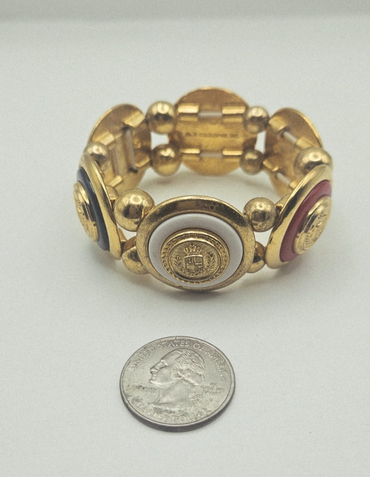 Liz Claiborne Bracelet Crest Gold Tone Red Black White Enamel Stretch NAUTICAL