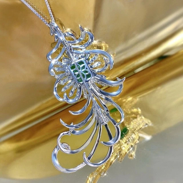 Lab Created Emerald 3Ct Emerald Feather Brooch Pin Pendant 14K White Gold Plated