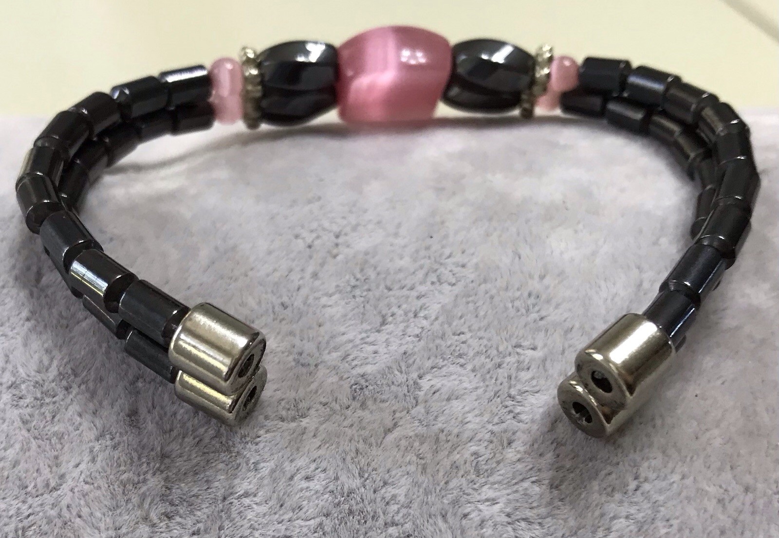 Pink Cats Eye 6.5 inch Magnetic Hematite Double Strand Bracelet w/Magnet Clasp