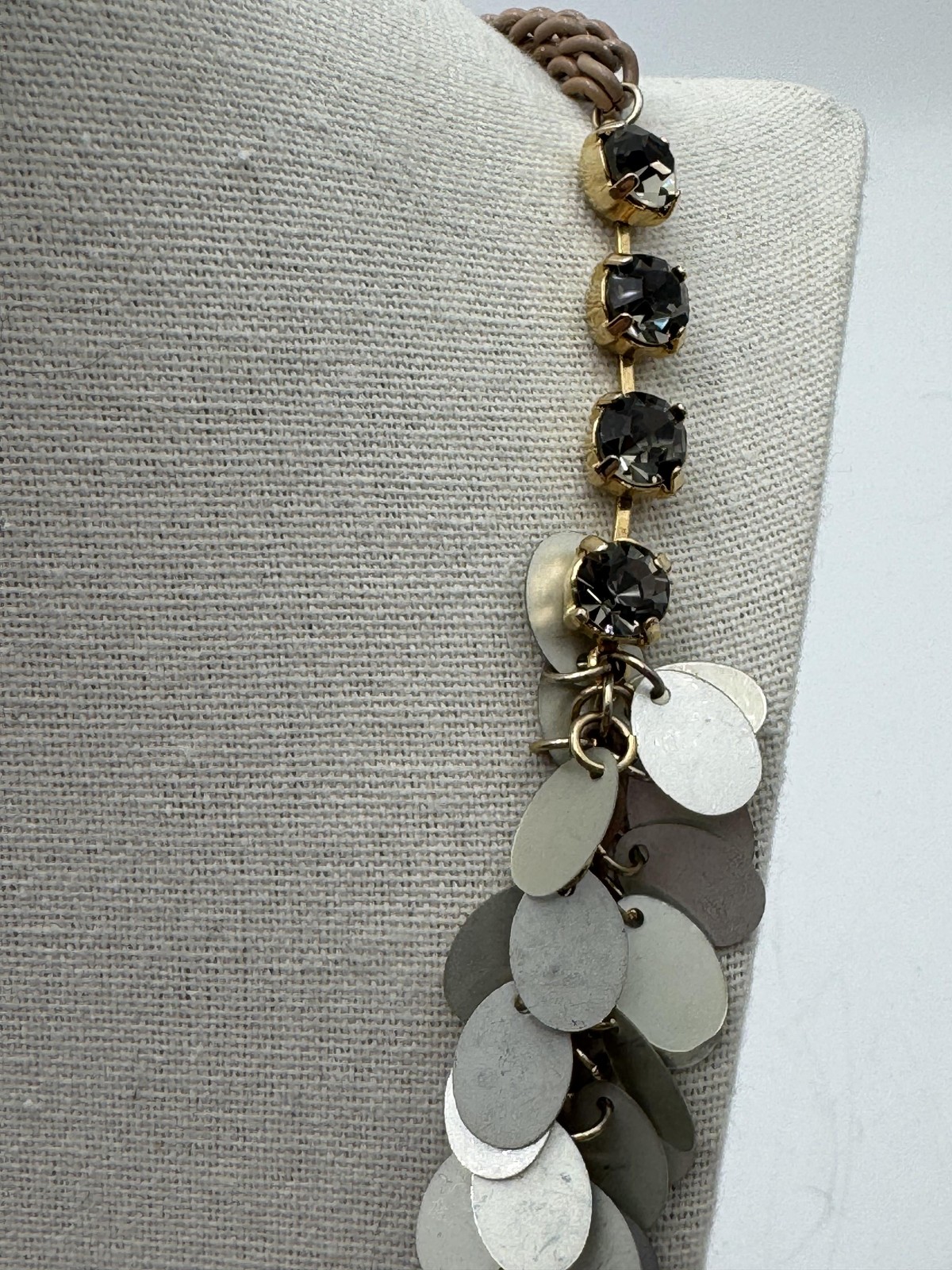 Statement Bib Necklace Multi Strand Gold Tone Pink Beads Flower Fabric Petals