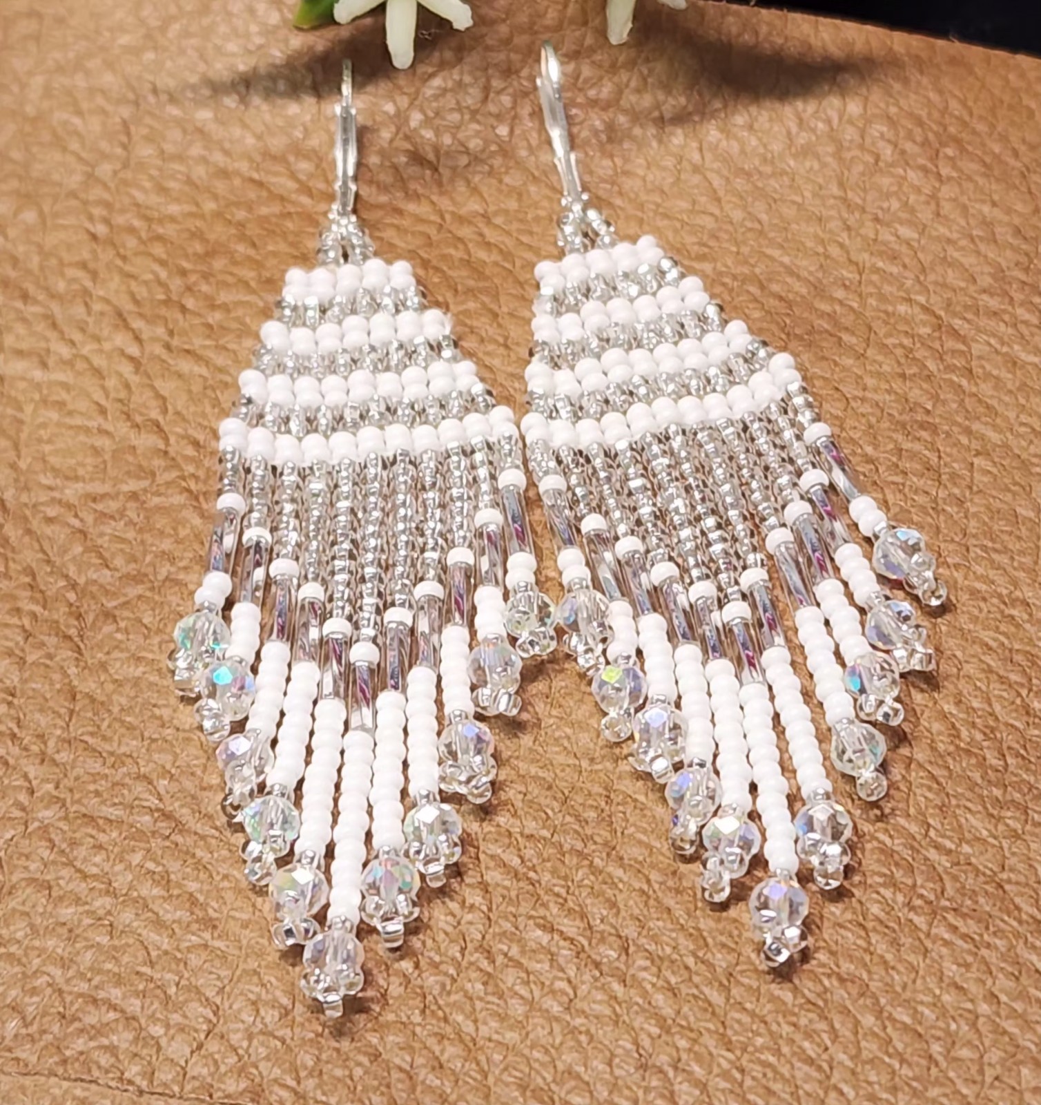 Elegant Brighton White Crystal Beads Earrings with Delicate Desi . Leght 3.5 In