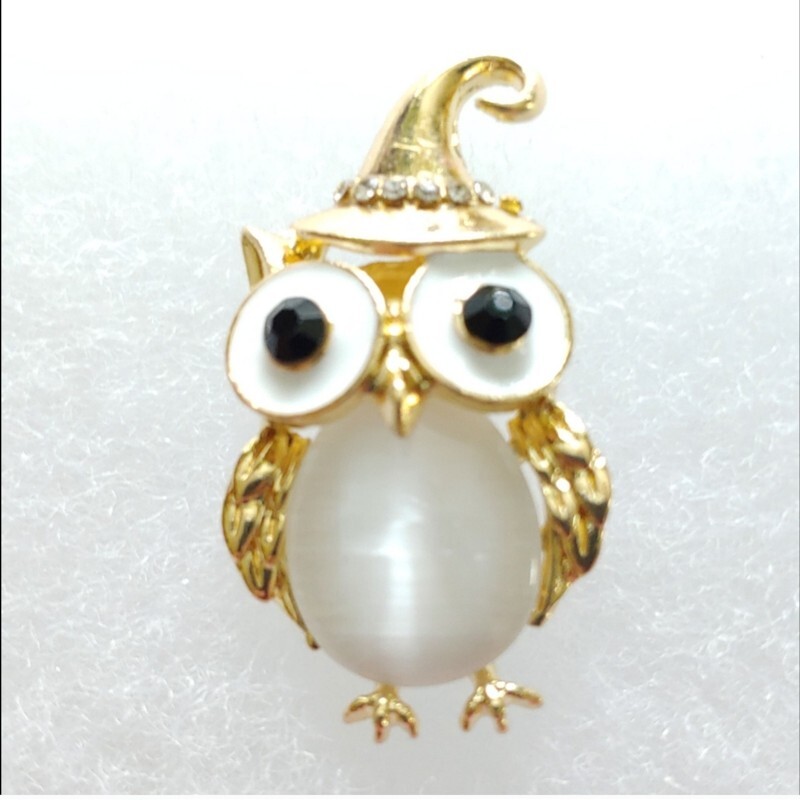 Gold and White Owl with Hat & Rhinestones Pin NEW