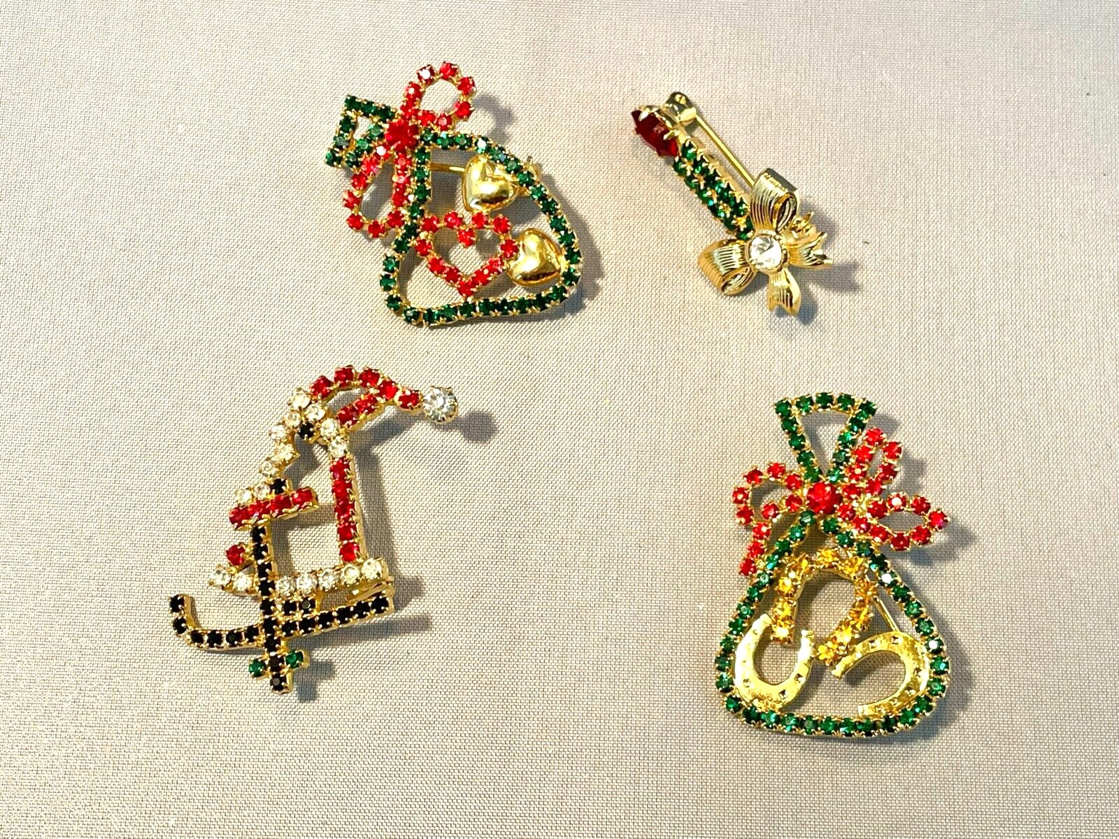 Lot of 4 Full Rhinestone Christmas Holiday Brooches Santa Candle Gift Bag