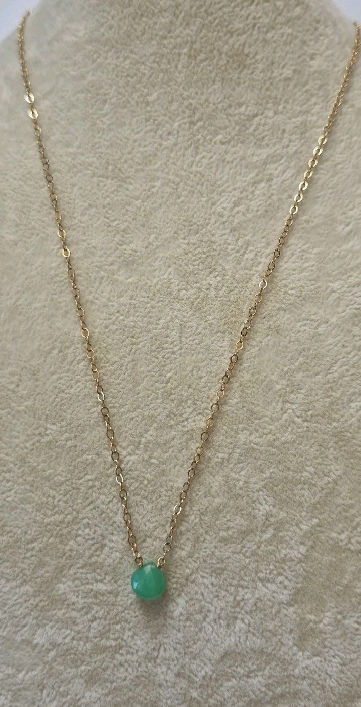Leila Necklace Lite Green Faceted Stone Gold Filled 16″ Chain Spring Ring Clasp
