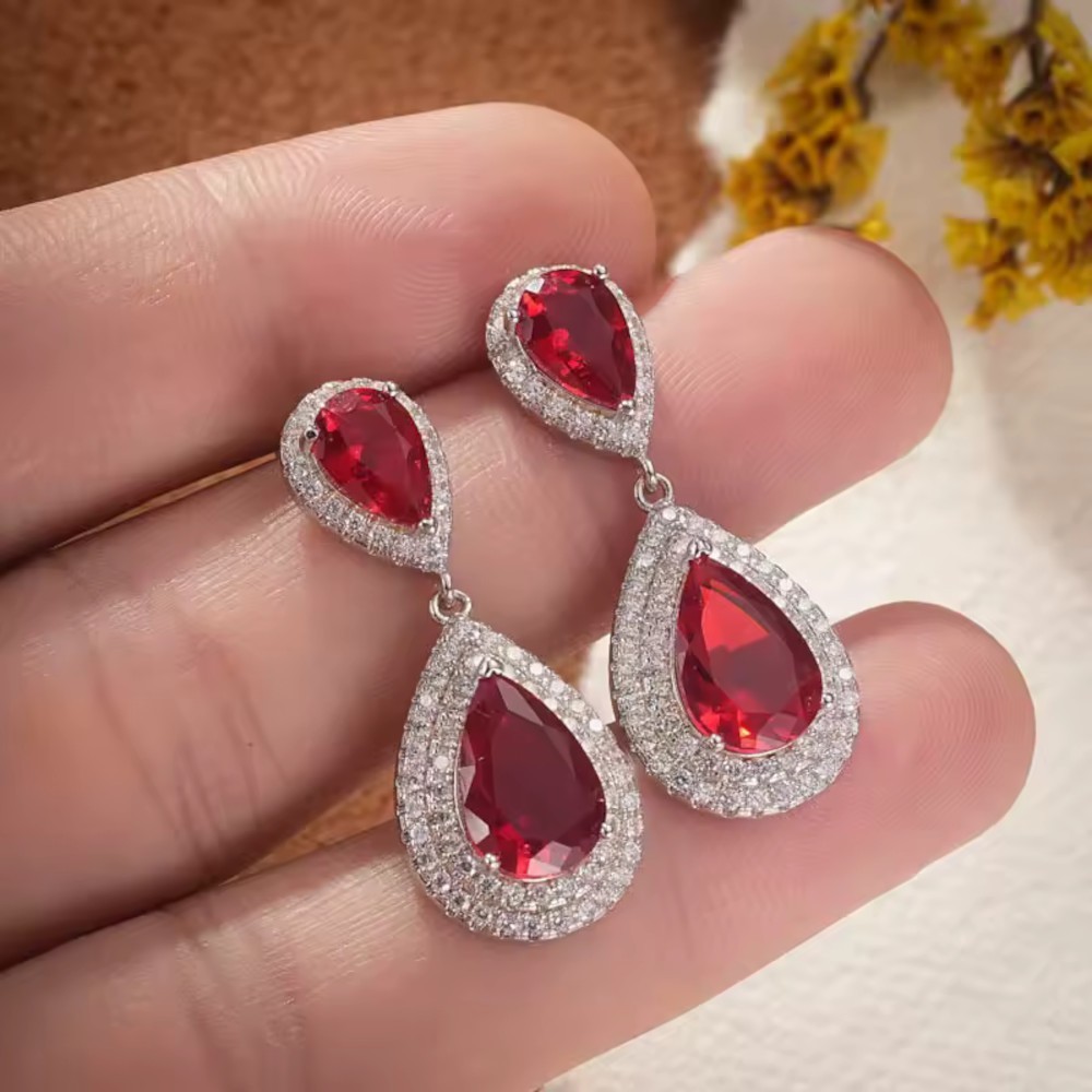 AAA Cubic Zirconia Luxury Red Drop Sparkling Hanging Earrings Wedding Jewelry