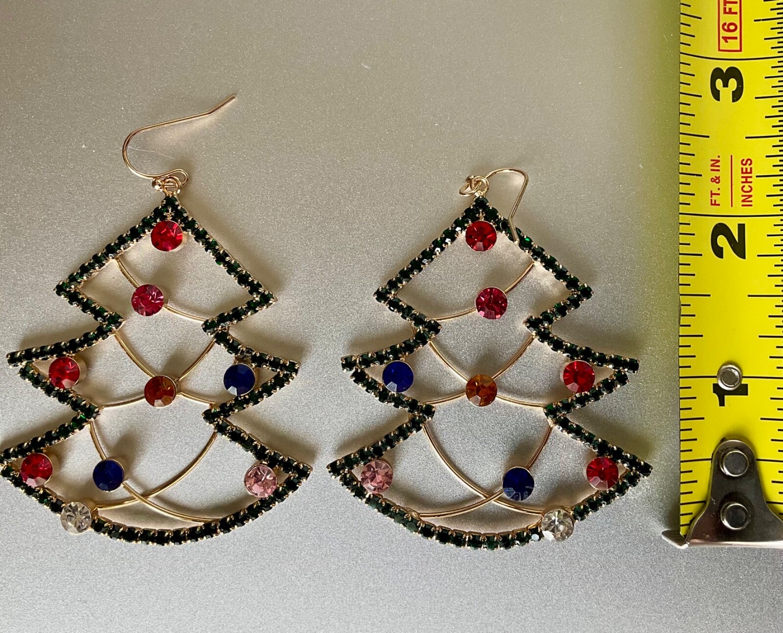 Rhinestone Christmas Tree Dangle Earrings Gold Tone Bijoux Bar 2.5” Drop