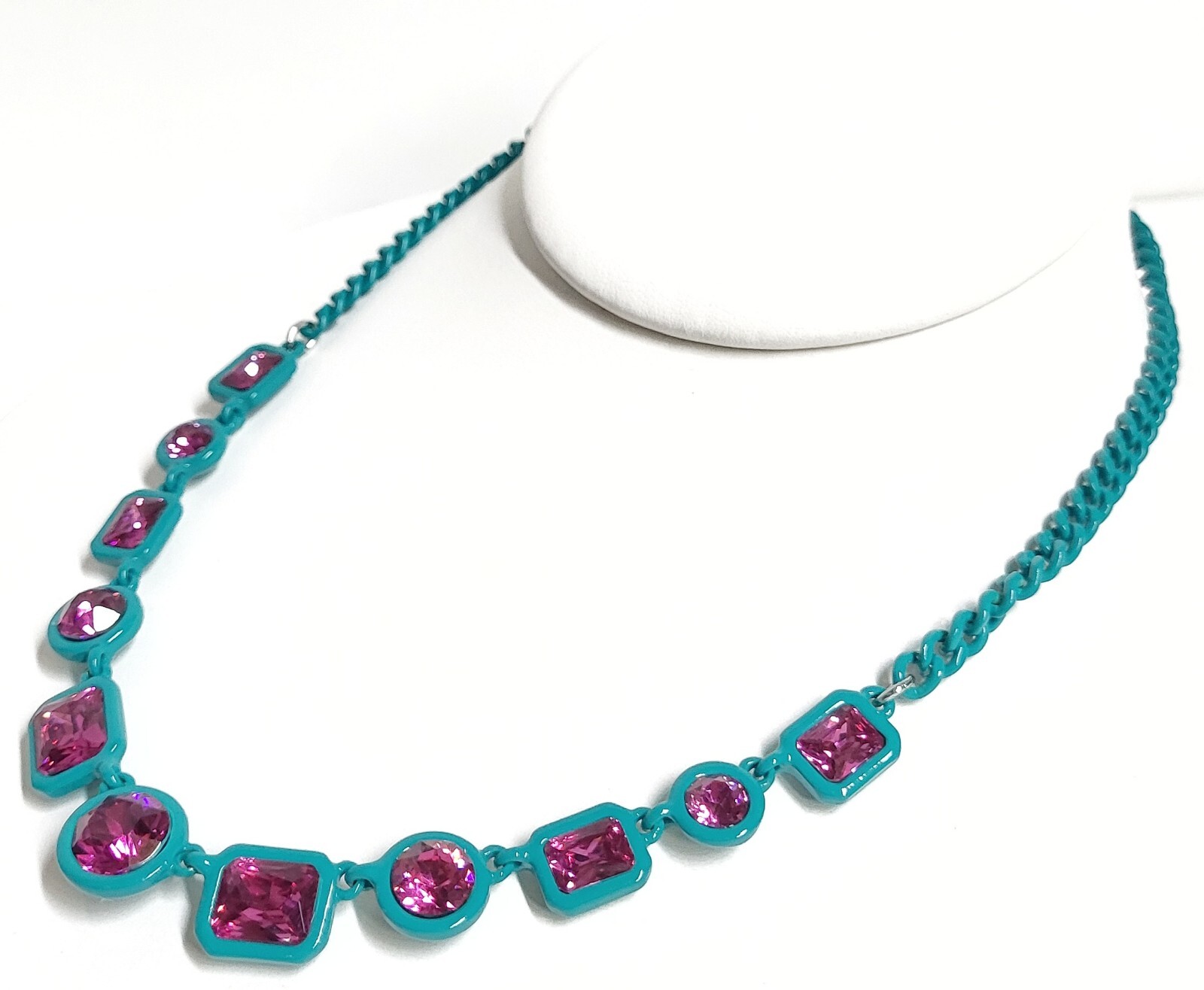 Karl Lagerfeld Crystal Chain Statement Necklace Green Fuchsia Plated Brass NWT