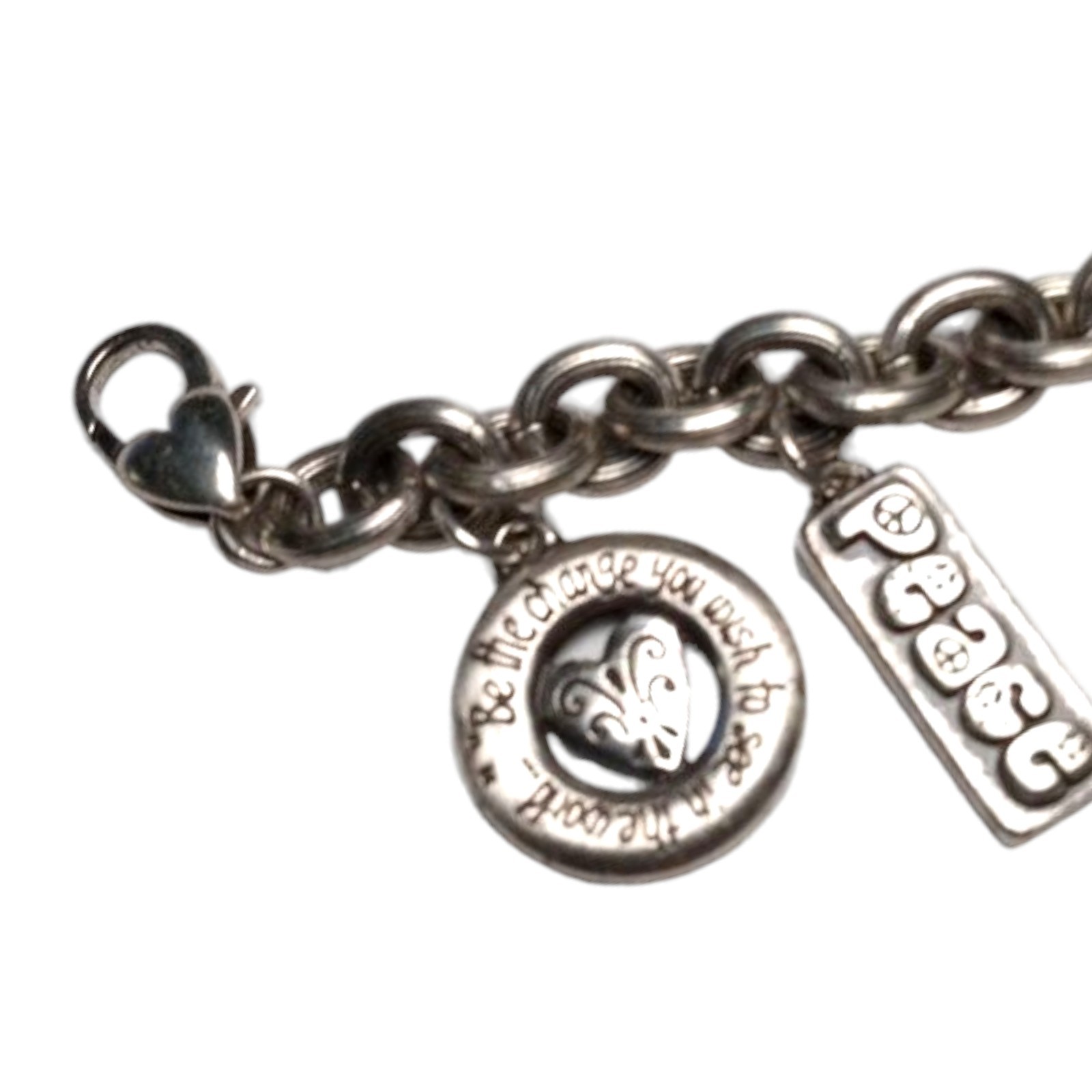 BRIGHTON Signed B Heart Silver Gold Tone Peace Charm Bracelet Enamel World Dove
