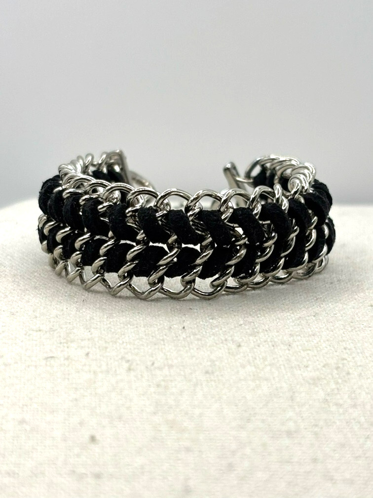 You And I Black Suede Silver Tone Weaved Chainmail Bracelet 9 Inch