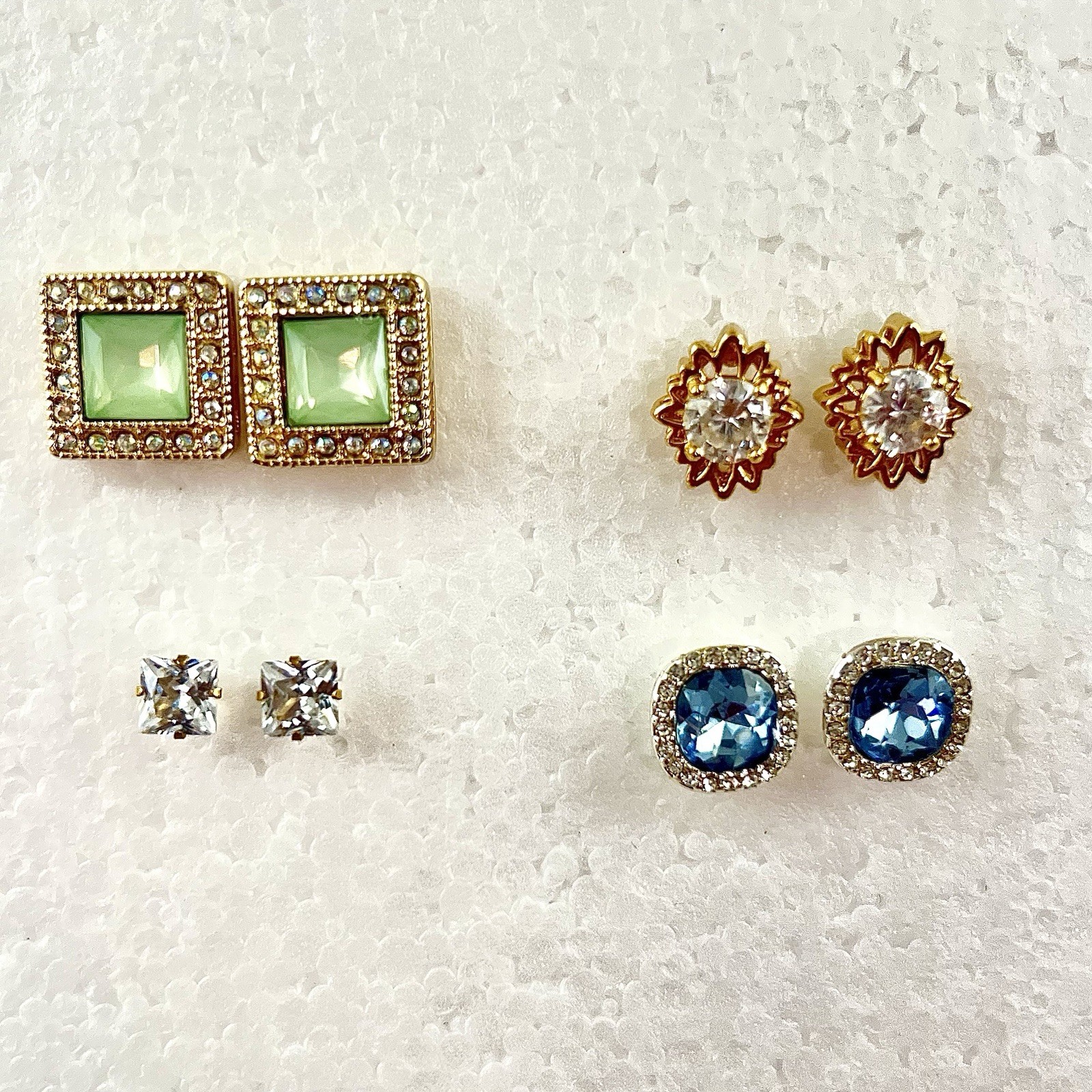 4 Pair Silver/Gold-Tone Earrings Stud Glass Rhinestone Dainty Blue Green Faceted