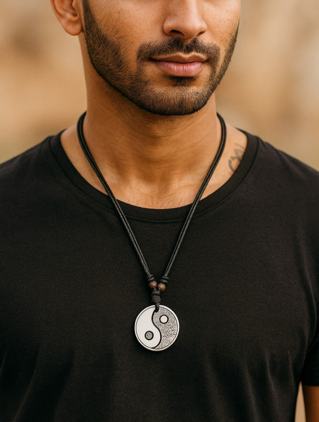White Yin Yang Necklace Adjustable Cord Tai Chi Pendant Unisex Resin Carved