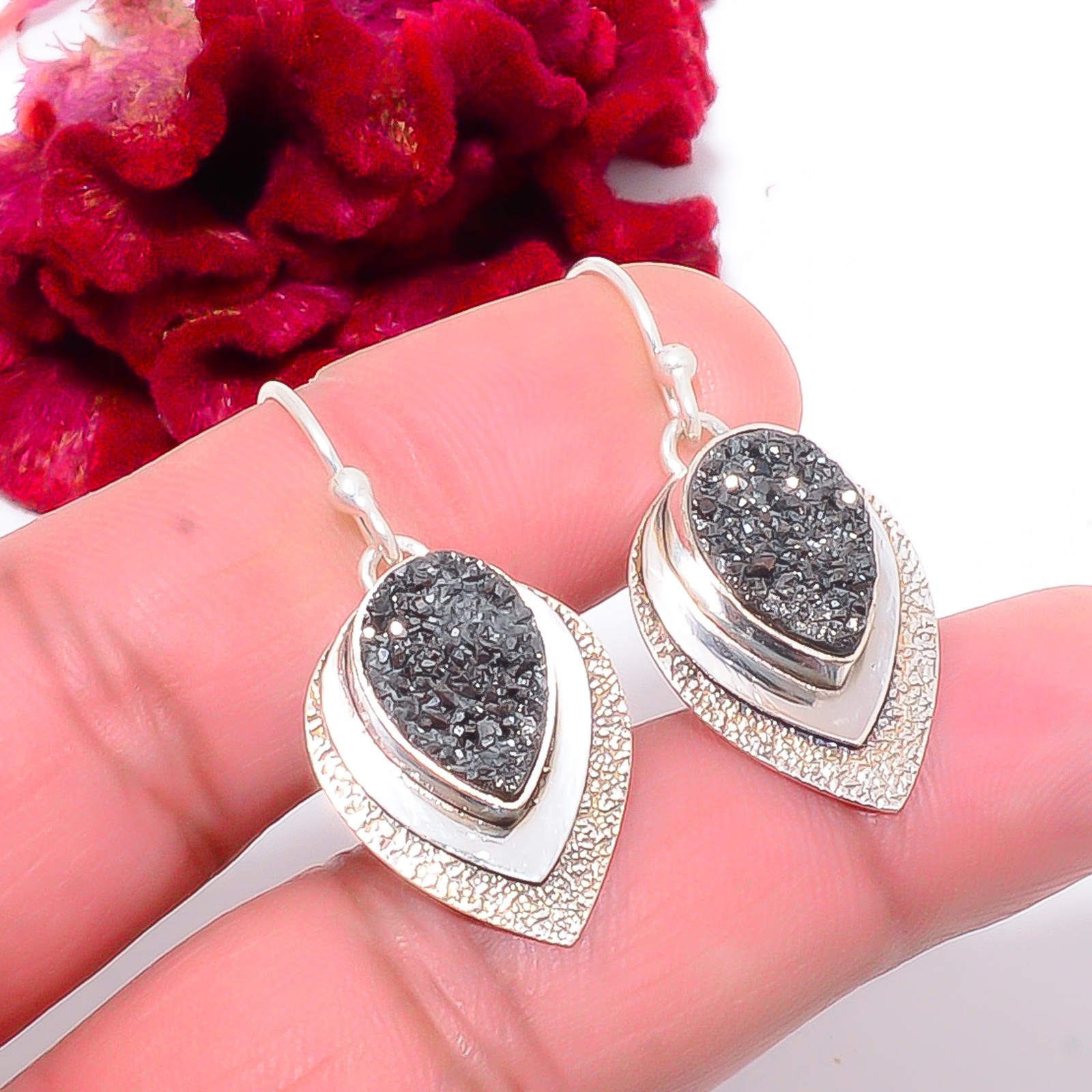 Black Titanium Agate Drusy 925 Sterling Silver Earring 1.44″ Sk14 Christmas Gift