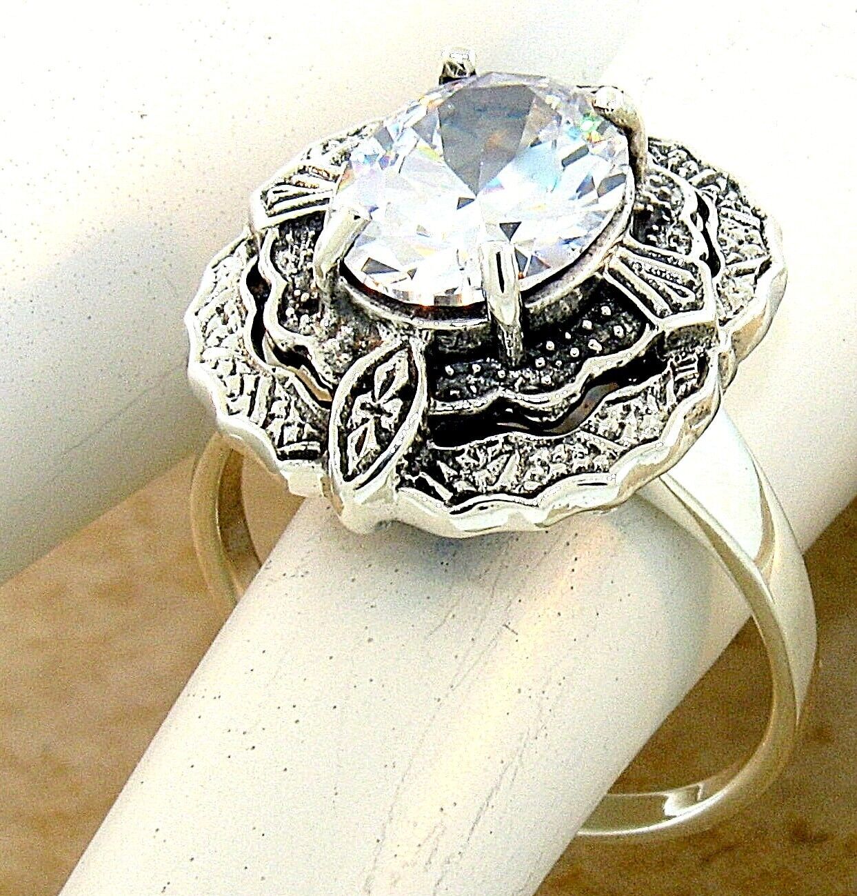 ANTIQUE STYLE 925 STERLING SILVER 5 CARAT CUBIC ZIRCONIA FILIGREE RING #1056
