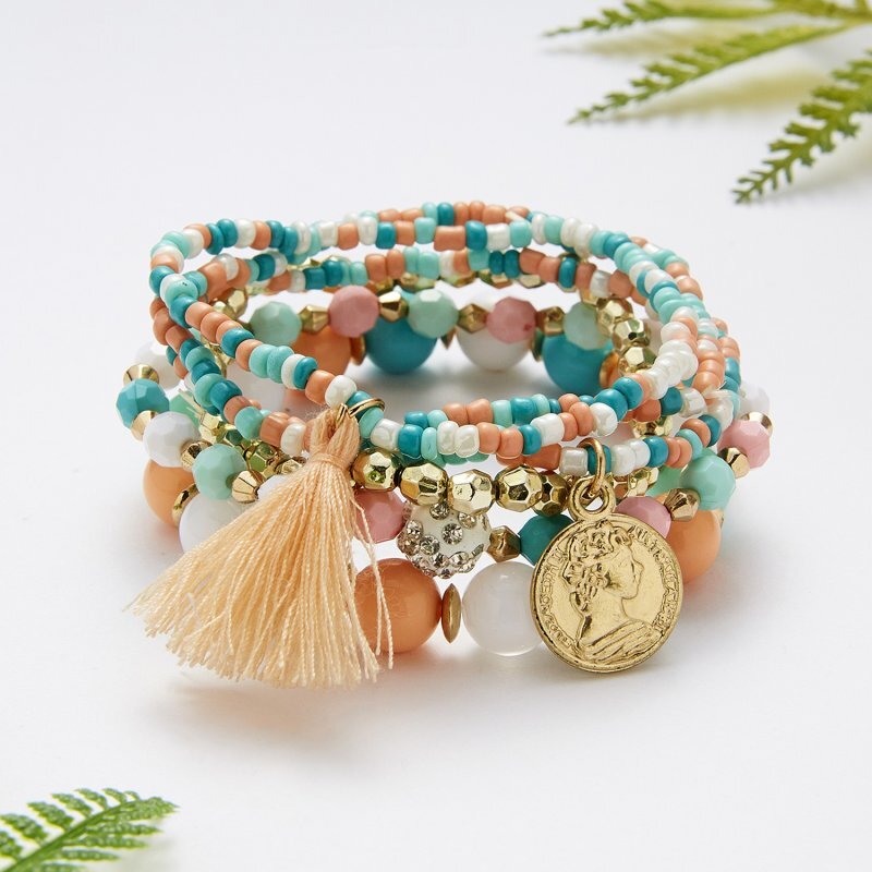 Fashion 6Pcs/Set Boho Tassel Crystal Multilayer Women Bangle Beaded Bracelet New