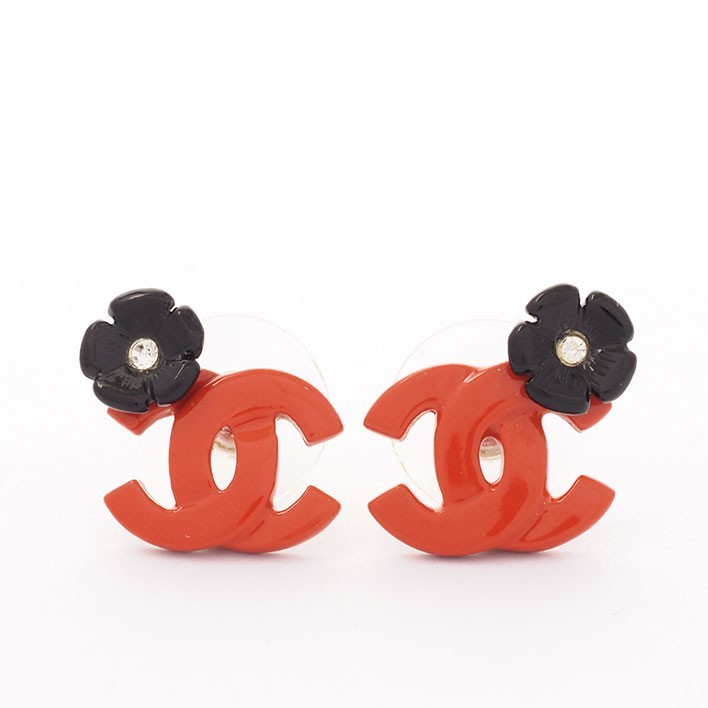 【Chanel】Coco Mark Flower Motif Resin Rhinestone Rank AB 【Pierced Earrings】