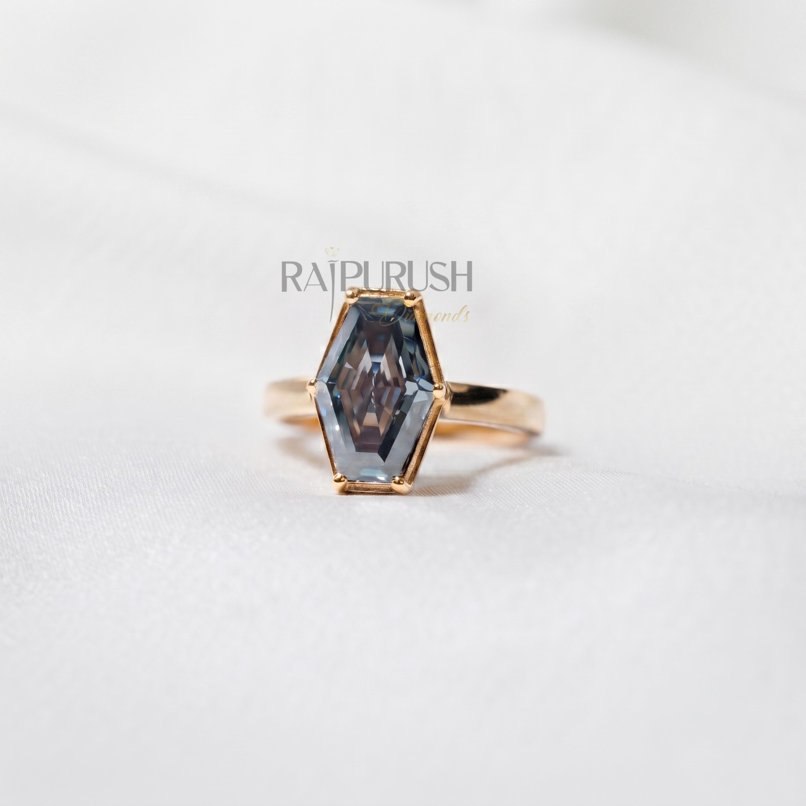 Hexagon Dark Grey Moissanite Engagement Ring 925 Silver Gold Plated Women Gift