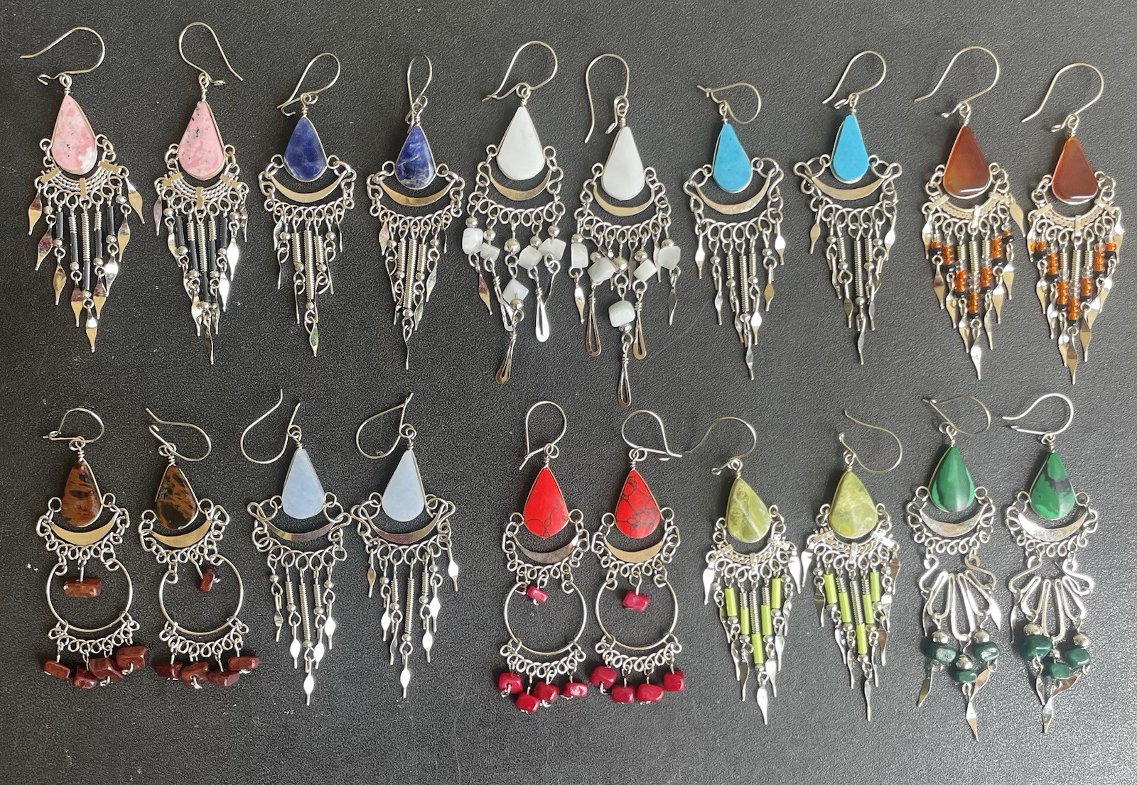 10 Pairs Peruvian Semi-Precious Stone Earrings Handmade Dangle Lot Peru Boho