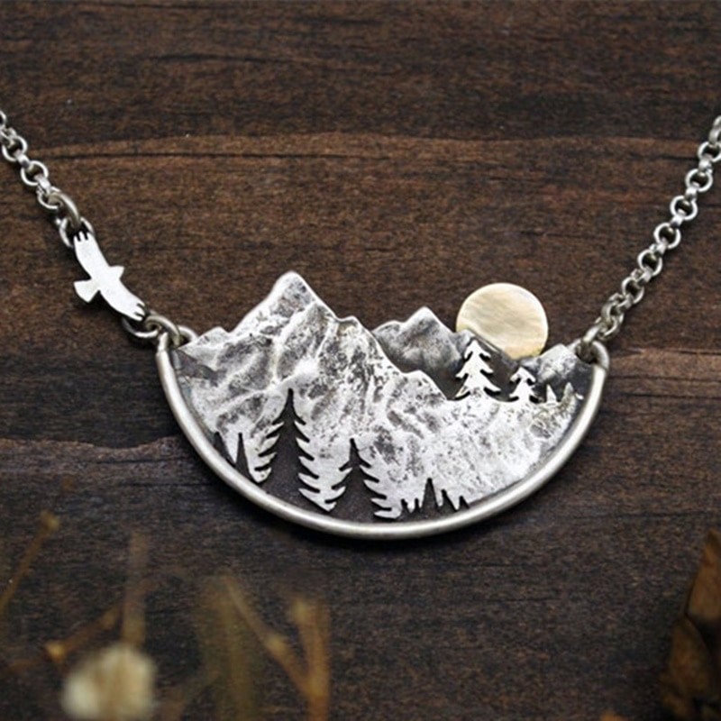 Bohemian Boho Landscape Pendant Necklace Women’s Silver Plated New