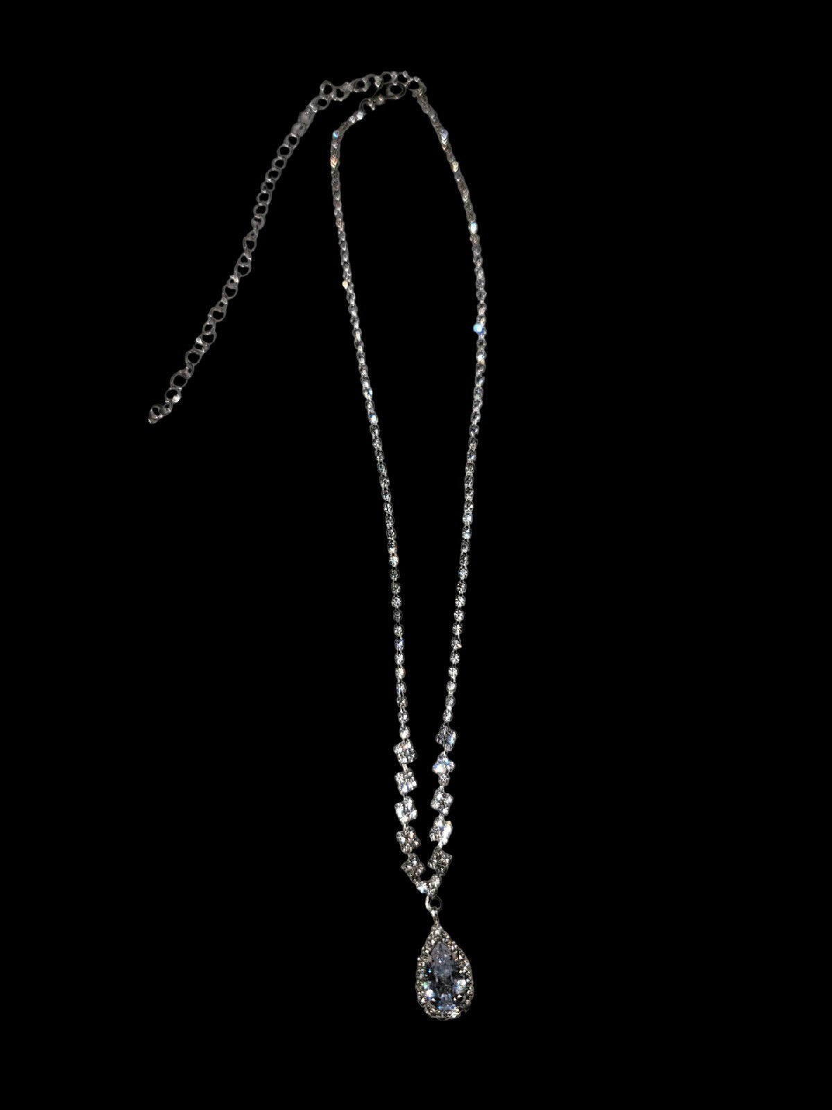 Beautiful Pear Drop Rhinestone Silverstone Necklace 16in + Adj No Signs Of Wear