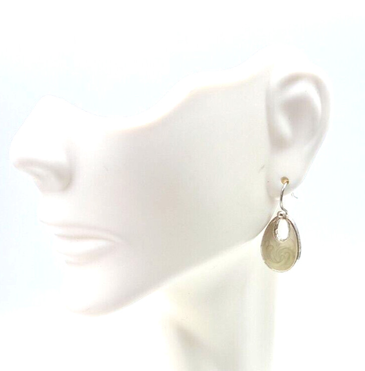 Modern Classic Creamy Enamel Swirl .75″ Dangle Teardrop Silver Tone Earrings