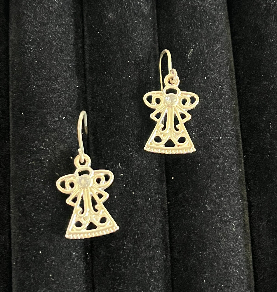 Silver Tone Angel Earrings With Rhinestone Wire Hook 3/4 Inch New Unworn Holiday