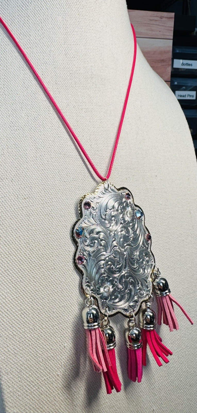 Silvertone & Rhinestone Oval Tassel Statement Pendant On Cord Necklace