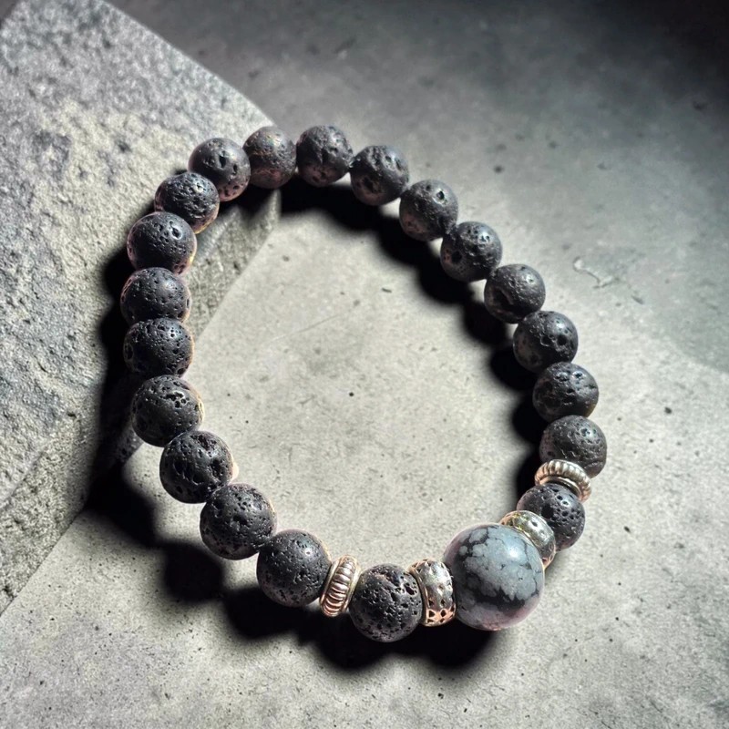 Natural Lava Stone & Snowflake Obsidian Stretch Bracelet – Crystal Jewellery