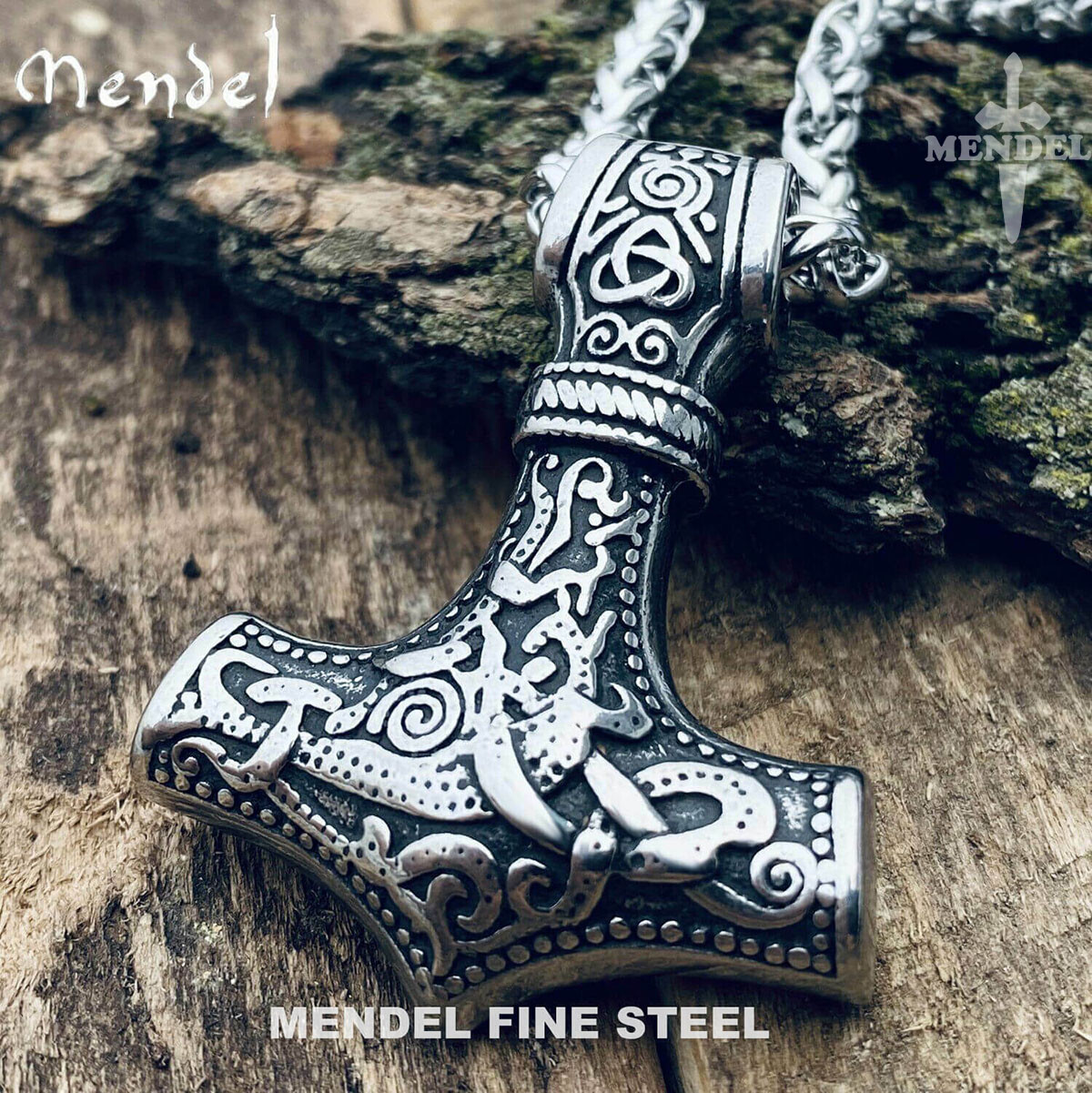 MENDEL 30 Inch Mens 3D Heavy Stainless Steel Thors Hammer Pendant Necklace Chain