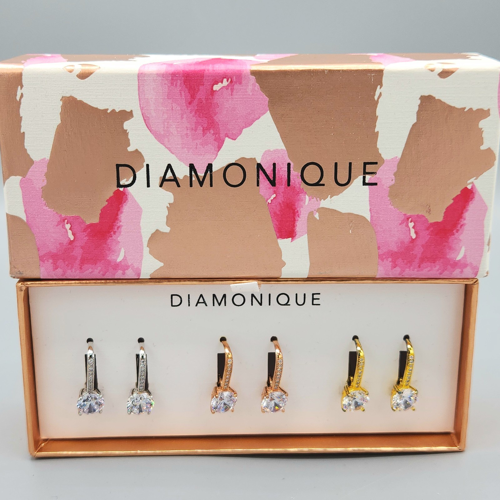 NIB 3 Pair Diamonque CZ Tri Color Gold Clad Sterling Silver Leverback Earrings