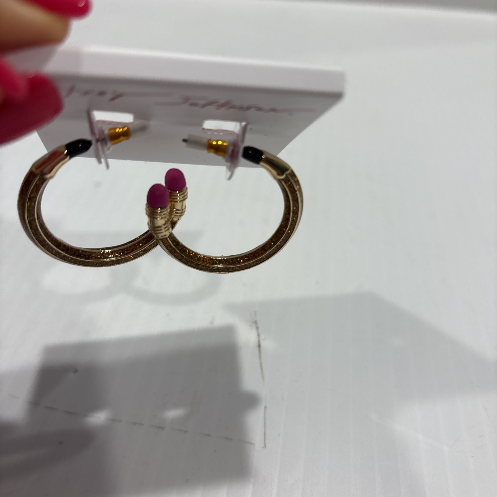 New BETSEY JOHNSON Gold Glitter Pencil Shape Loop Earrings