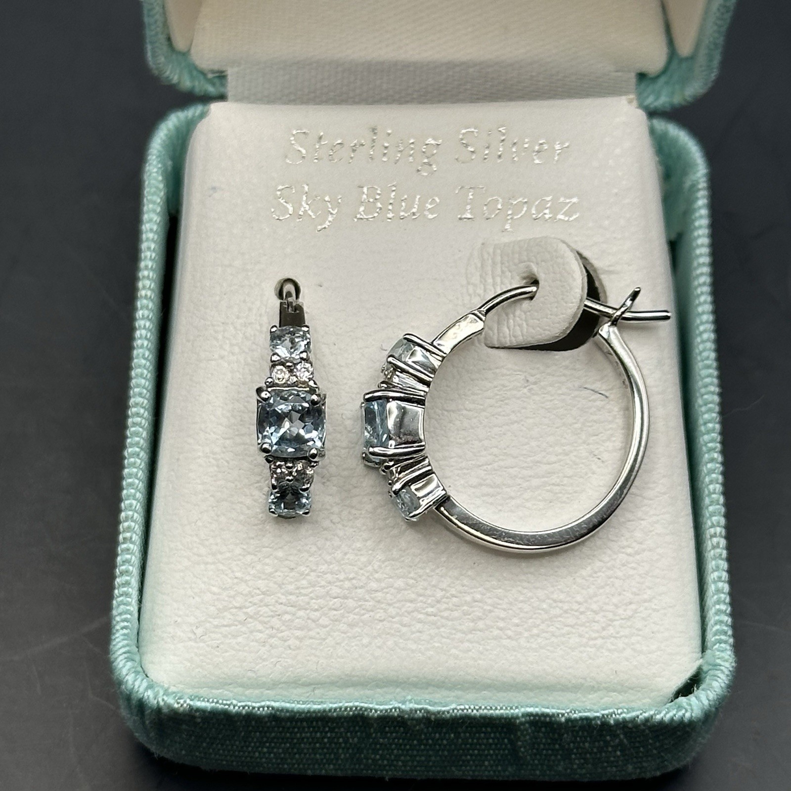 Sterling Silver Sky Blue Topaz Hoop Earrings 925 Square Cut w/ Accent Stones