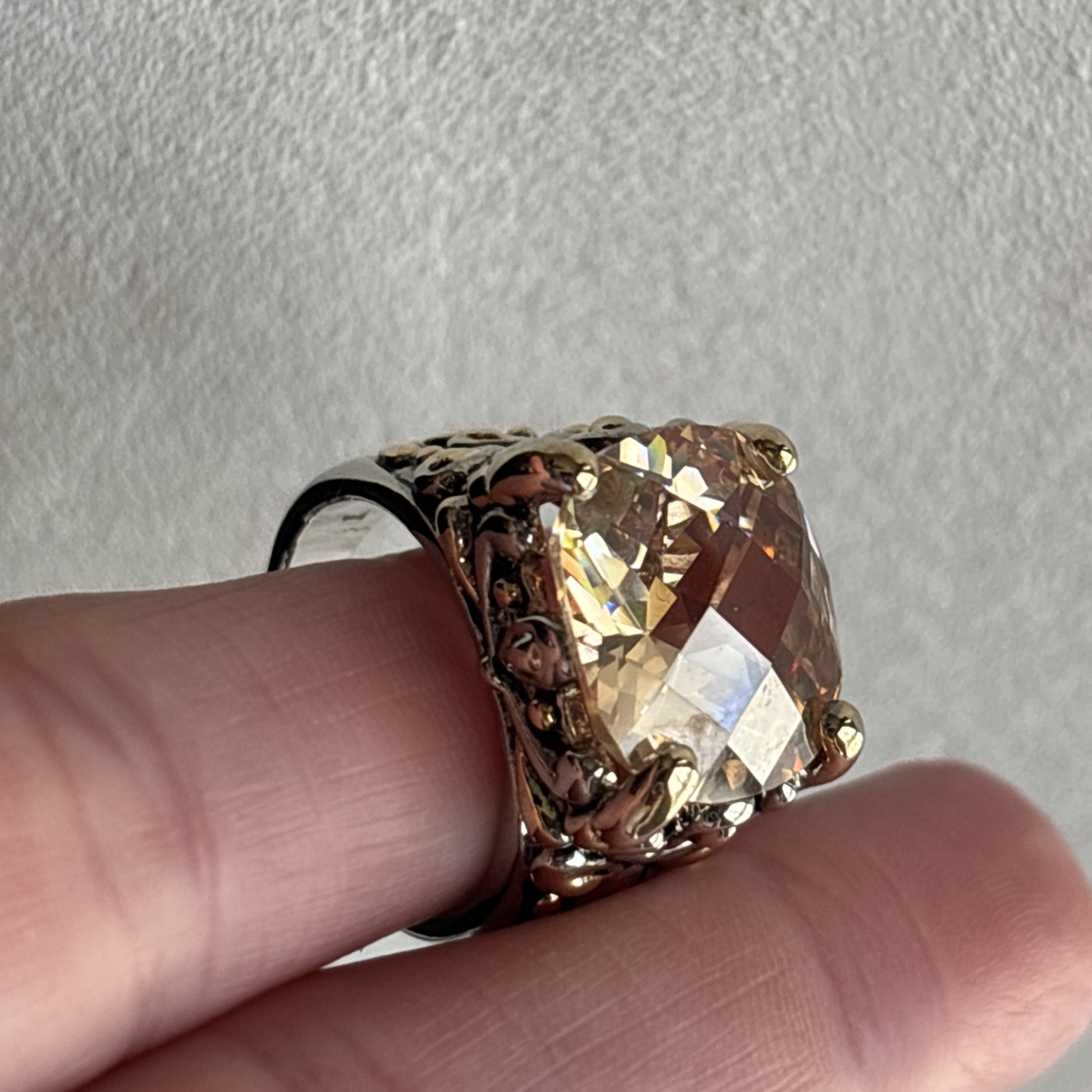 Inspirational Champagne Cushion Cut CZ Crystal Silver Gold Balinese Ring Size 7