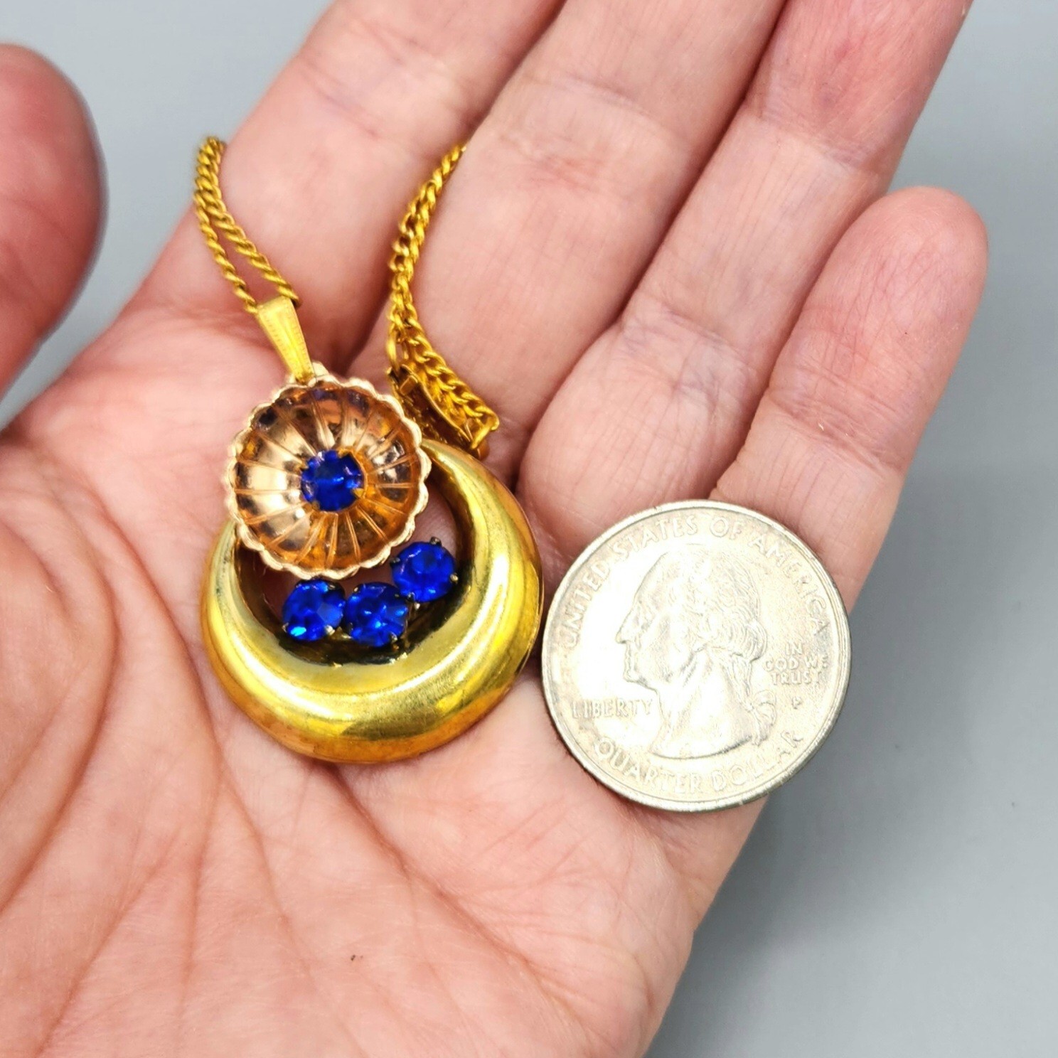 Early Harry Iskin Signed 12K Yellow & Rose GF Blue Rhinestone Necklace 18″
