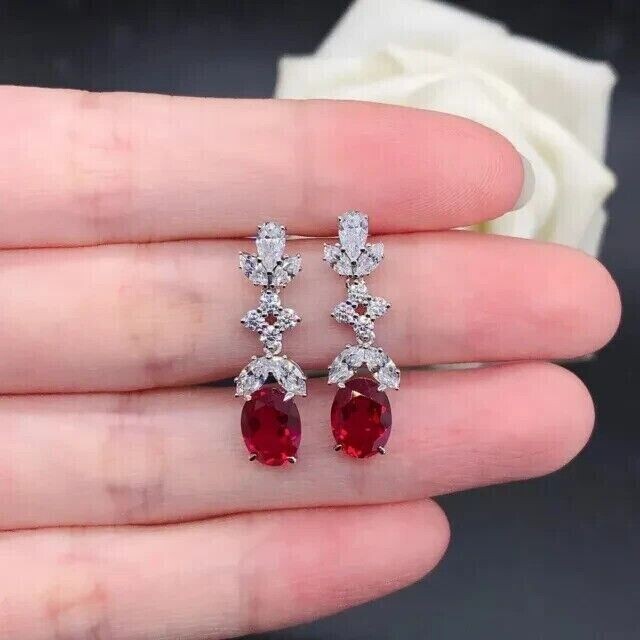 2.50Ct Oval Cut Simulated Red Ruby Pretty Drop Earrings In 14k White Gold Plated