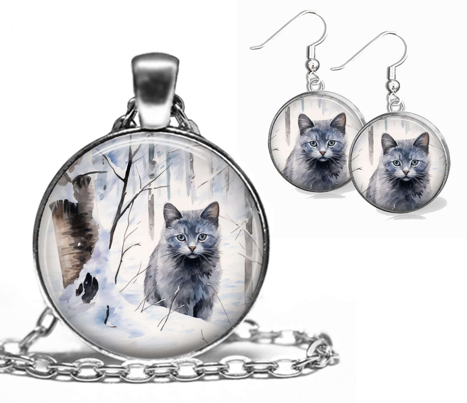 Russian Blue Cat Pendant Necklace & Earrings Set Russian Blue Cat Mom Gift