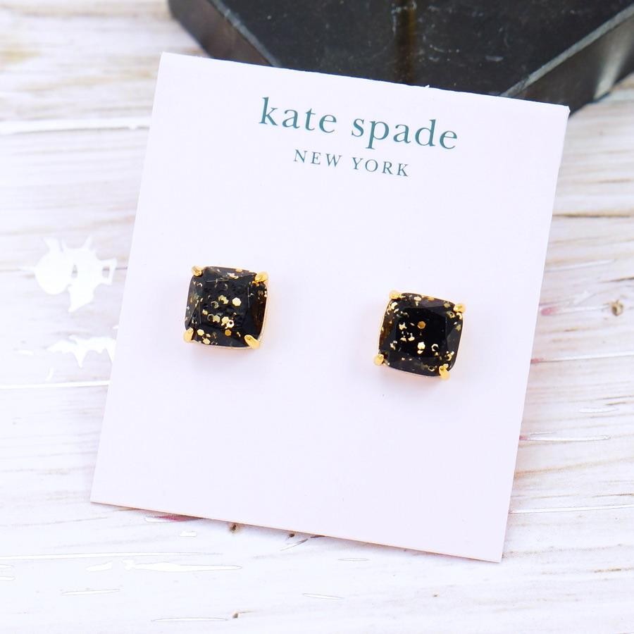 NWT Kate Spade Mini square Black Gold glitter studs earring Gold Plated