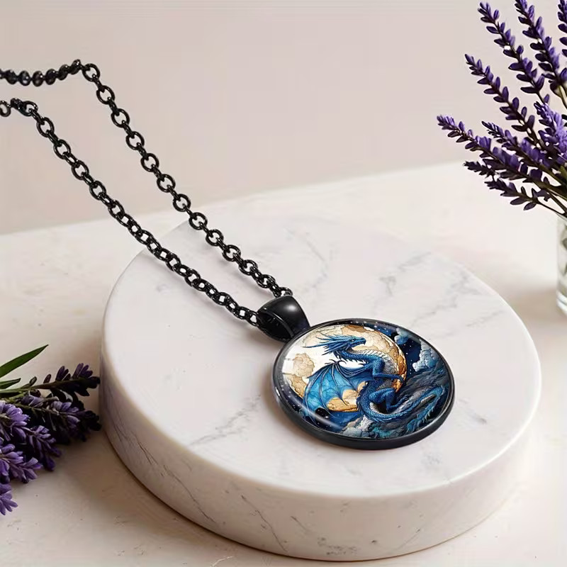 Dragon Blue Round Necklace Jewelry Magical Gothic Pendant