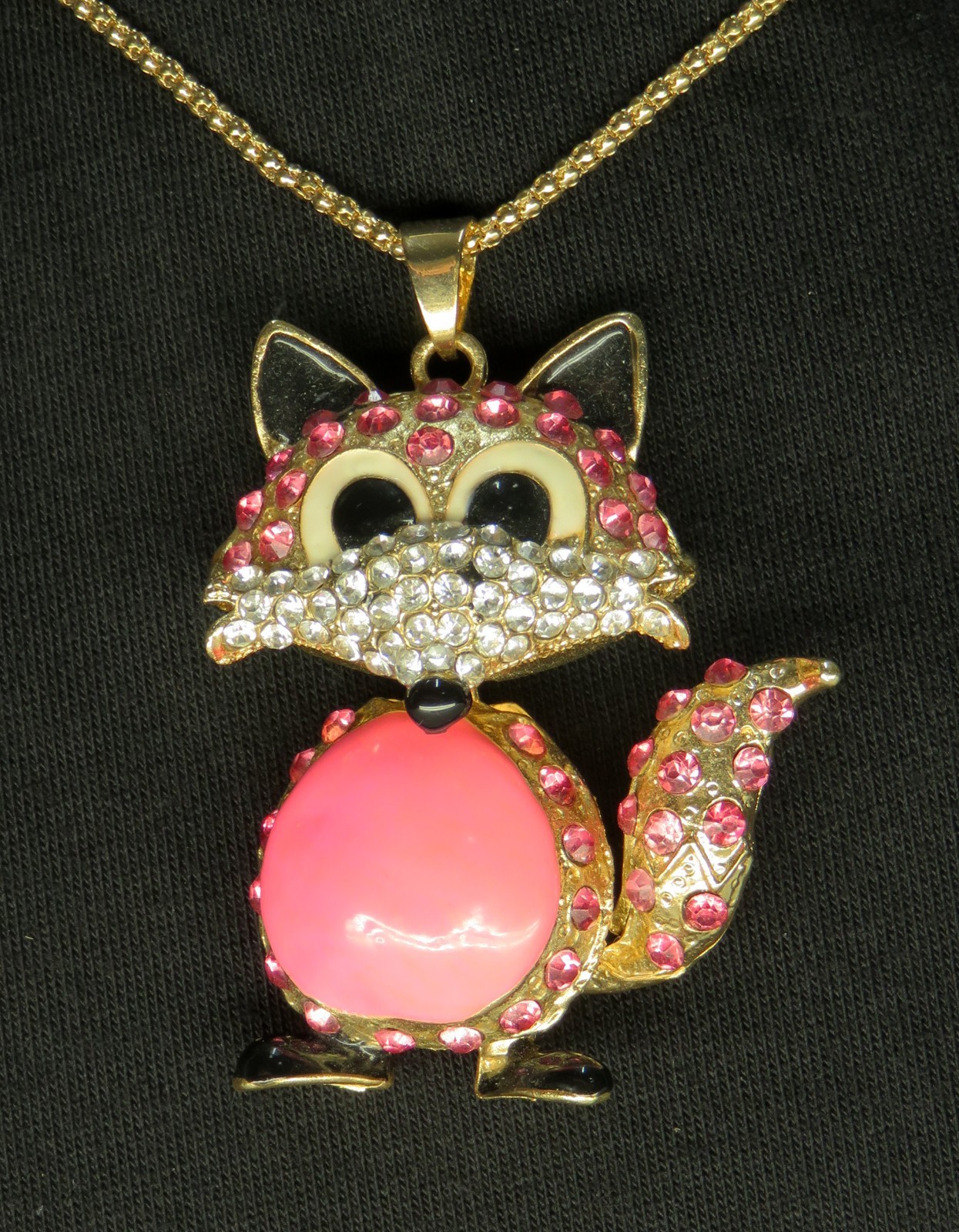 NWT-Betsey Johnson Pink Crystal & Enamel 3-D Fox Pendant on Goldtone Necklace